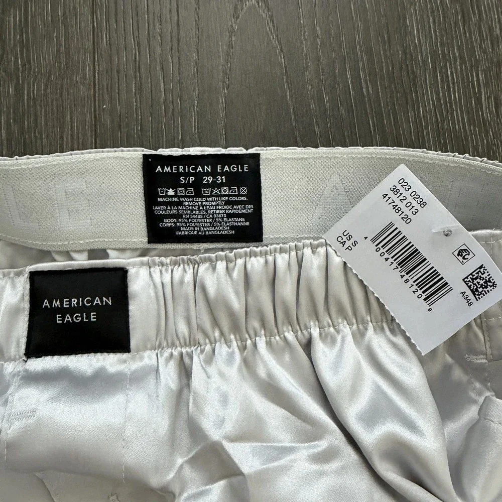American Eagle NWT Satin Silver Boxer Shorts Small 29-31 Pockets Mcbling Y2K